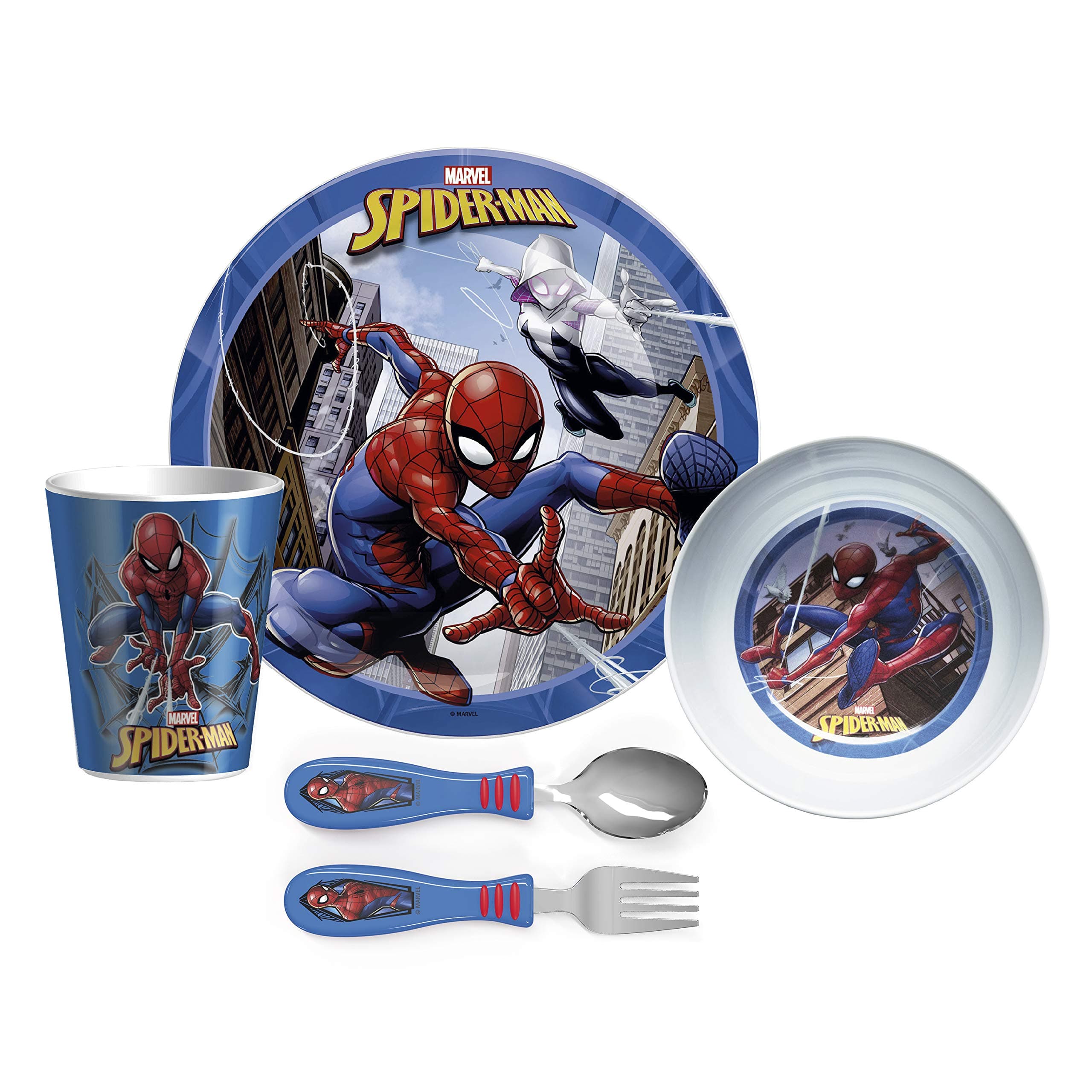 5-Piece Dinnerware Set, Marvel Spider-Man - Durable Plastic & Stainless Steel - Includes Tumbler, 8-Inch Plate, 6-Inch Bowl, Fork & Spoon - Suitable for Kids Ages 3+