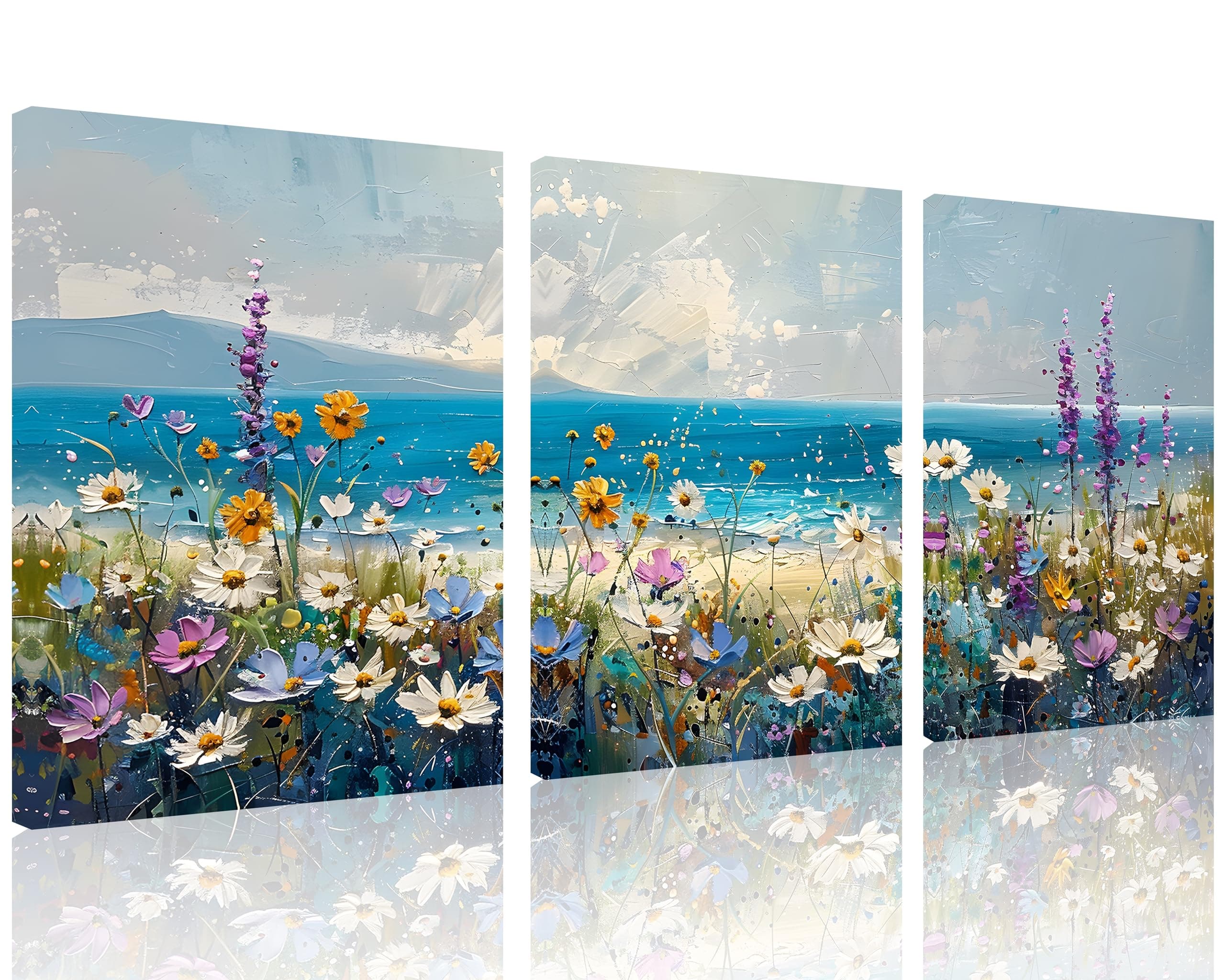 TutuBeer 3 Pcs Boho Beach Coastal Vintage Floral Wall Picture Rustic Wildflower Field Vintage Wall Art Canvas Prints Daisy Flowers Sea Canvas Print Farmhouse Wall Art for Home Wall Decor 12x16inchx3