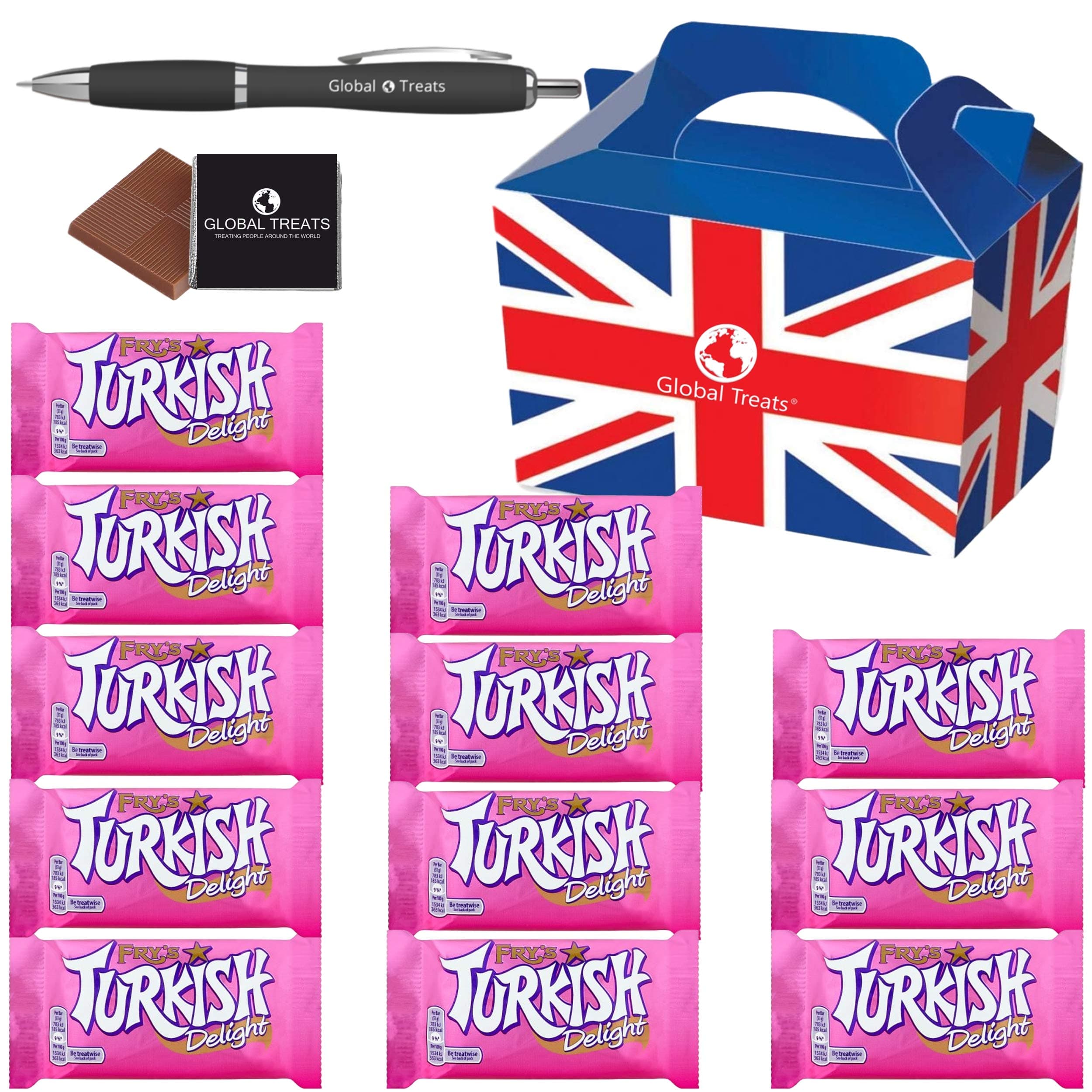 Fry's Turkish Delight - British Chocolate Candy Gift Box - Fry's Turkish Delight 51g x12 FULL SIZE Fry's Turkish Delight Chocolate Candy in a unique Gift Box and a free Global Treats Choc & Pen
