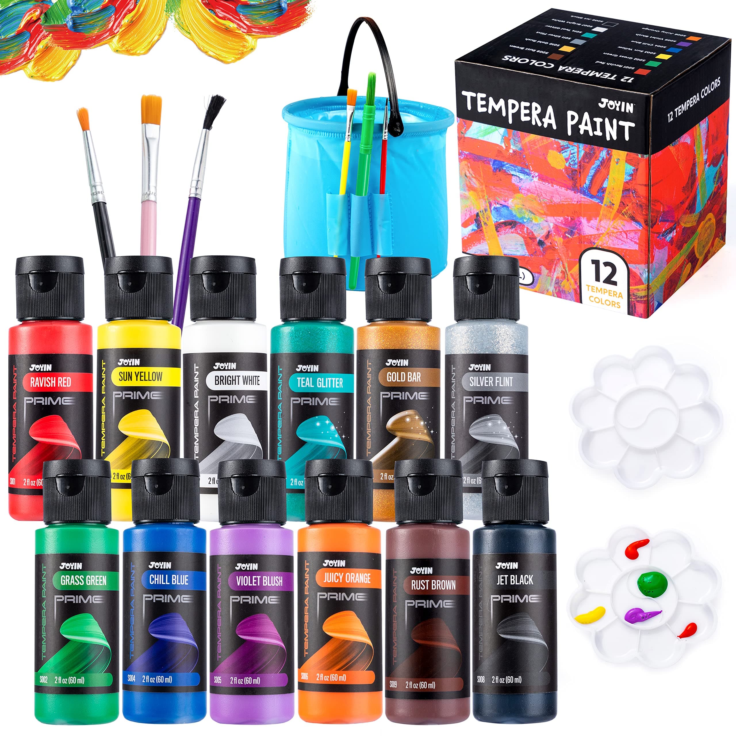 JOYIN 12PC Washable Kids Tempera Paint Set (2 oz Each), Liquid Poster Paint with 6 Brushes, 2 Palette & 1 Clean Bucket, Non-Toxic for Finger Painting, Hobby Painters