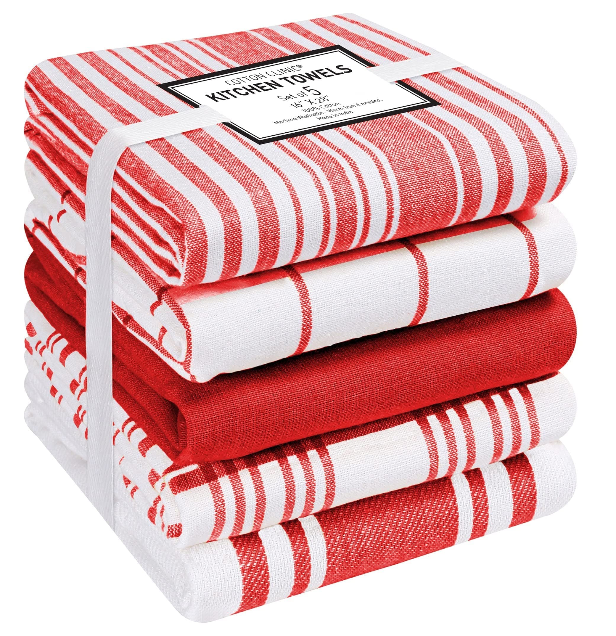 Cotton Clinic Assorted Kitchen Towels 5 Pack – Soft Absorbent Quick Drying Table & Kitchen Linen - Dish Towels, Dish Cloths, Tea Towel and Cleaning Towel with Hanging Loop – 16x28 / Red White