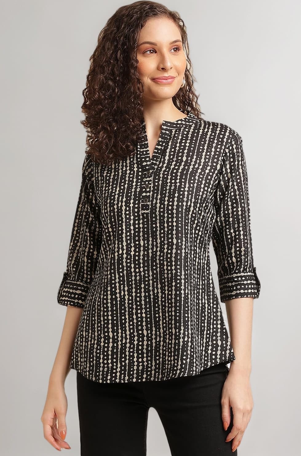 NAINVISH Tops for Women Printed Regular Fit Shirt, Tops for Women Stylish Latest|Office Wear Tops for Women|Cotton Blend Tops for Women|Mandarin Collar Top