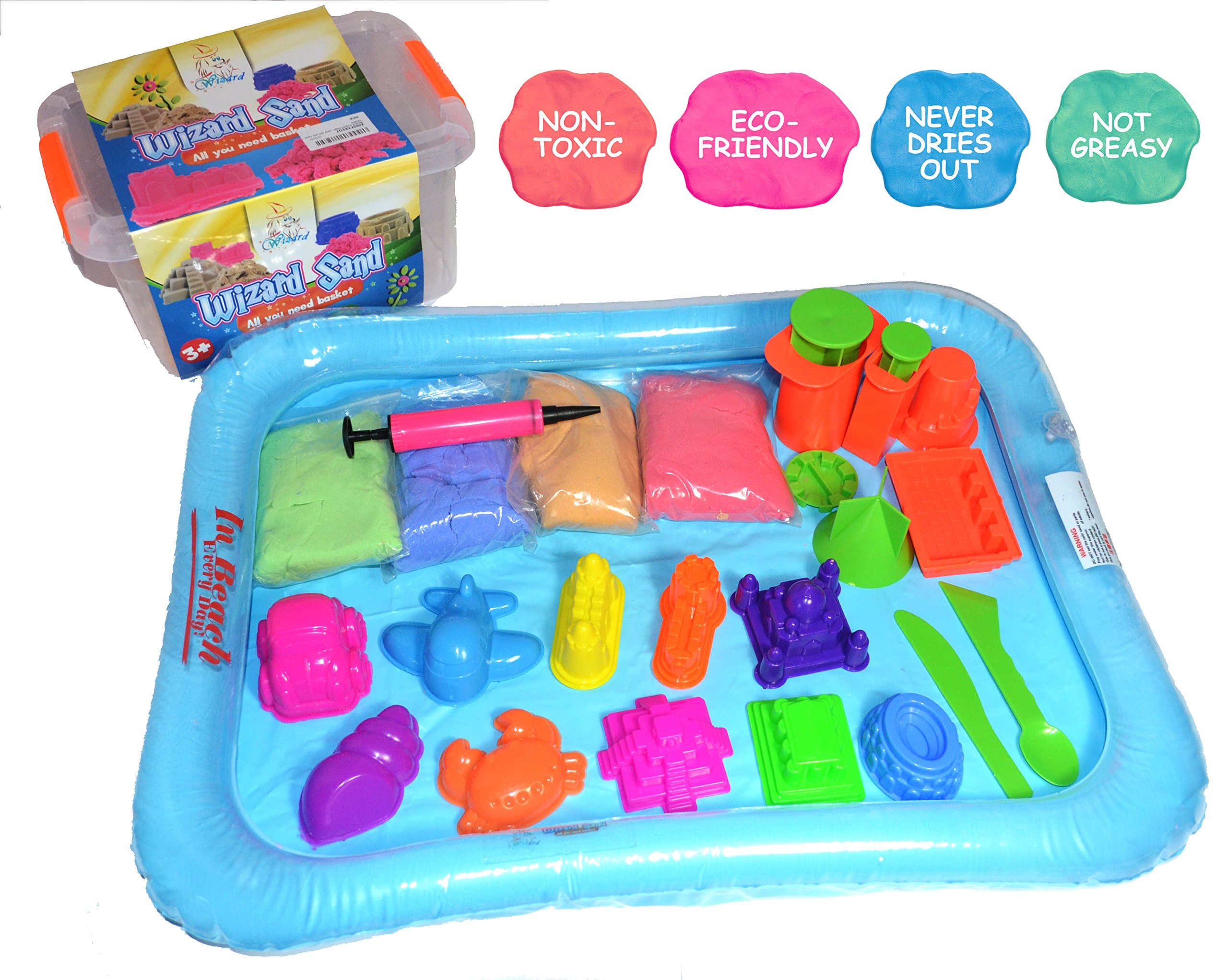 Huge Pack of Magic Sand - 4 Colours 4.4lbs, 18 pcs Tool, Travel Box, Eco Friendly