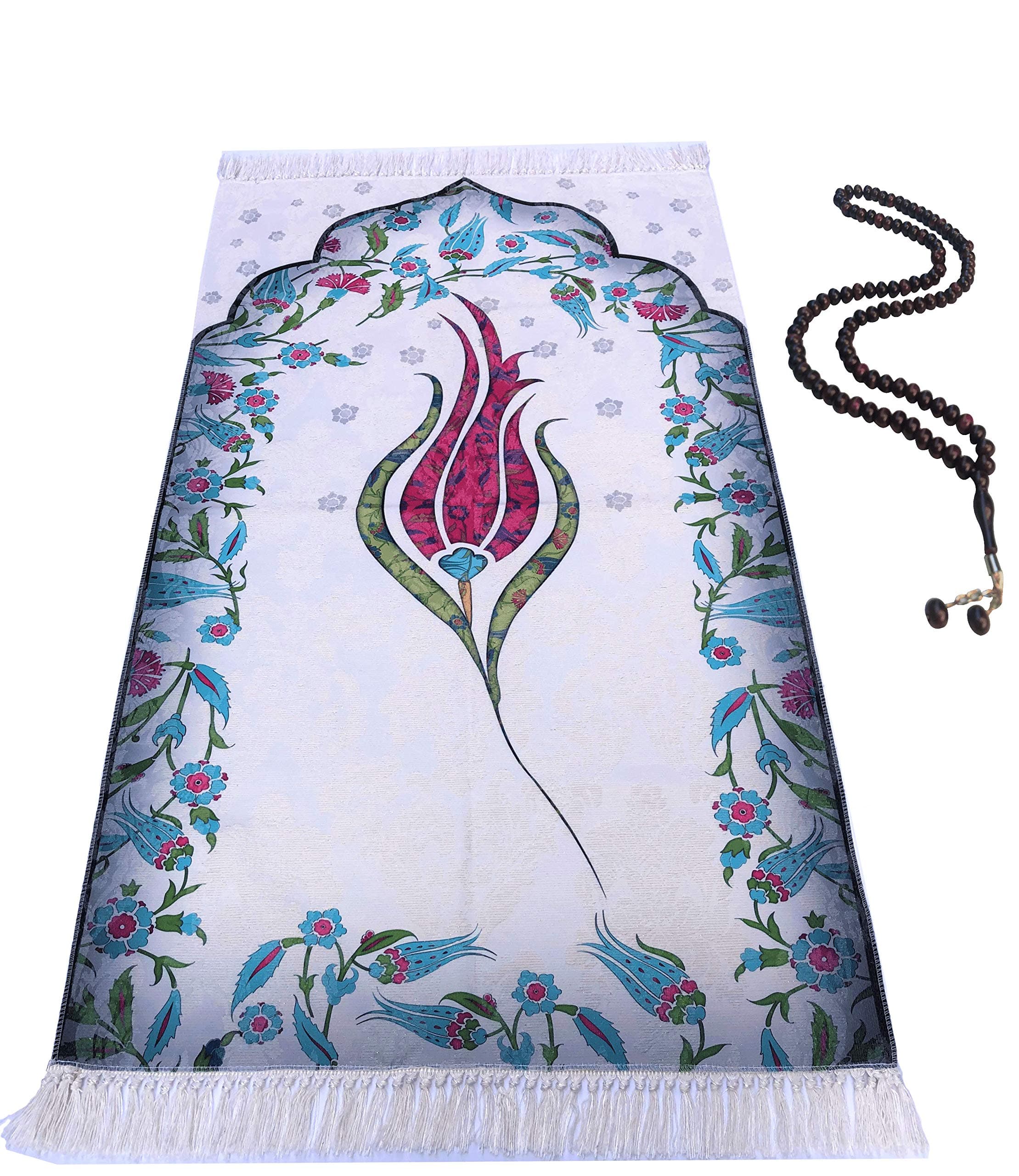 Muslim Prayer Rug-Islamic Turkish Prayer Rugs-Great Ramadan Gifts-Prayer Mat for Women and Men-Islam Carpet-Portable Muslims Mats-Praying Rugs Islam with Beads-Gift Prayer Beads 99 (Tulip Pink)