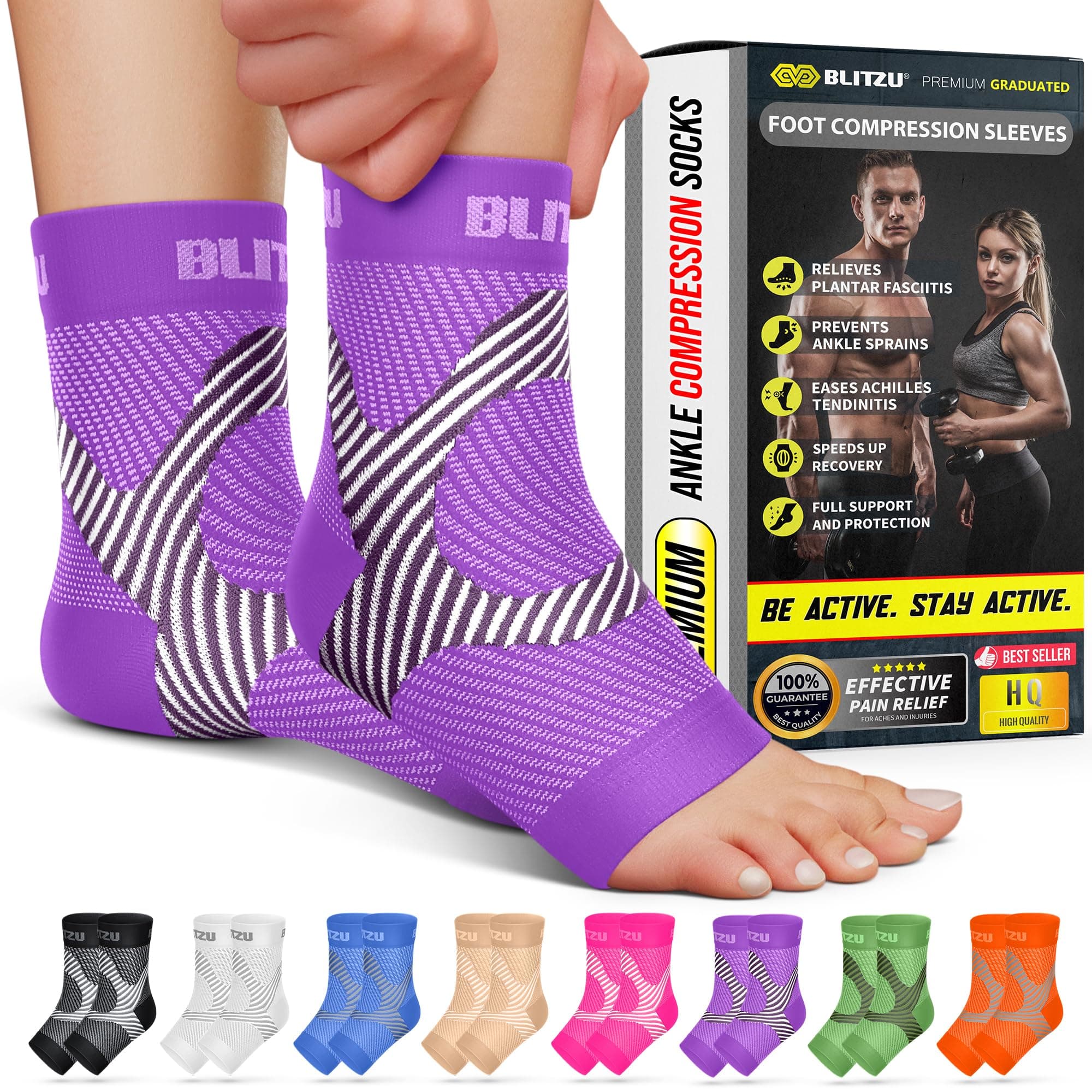 Blitzu Ankle Brace Support Foot Sleeves Plantar Fasciitis Medical Compression Socks for Men Women Arch, Heel, Achilles, Fast Relief Recovery from Swelling & Foot Pain, Running & Sports S/M Purple