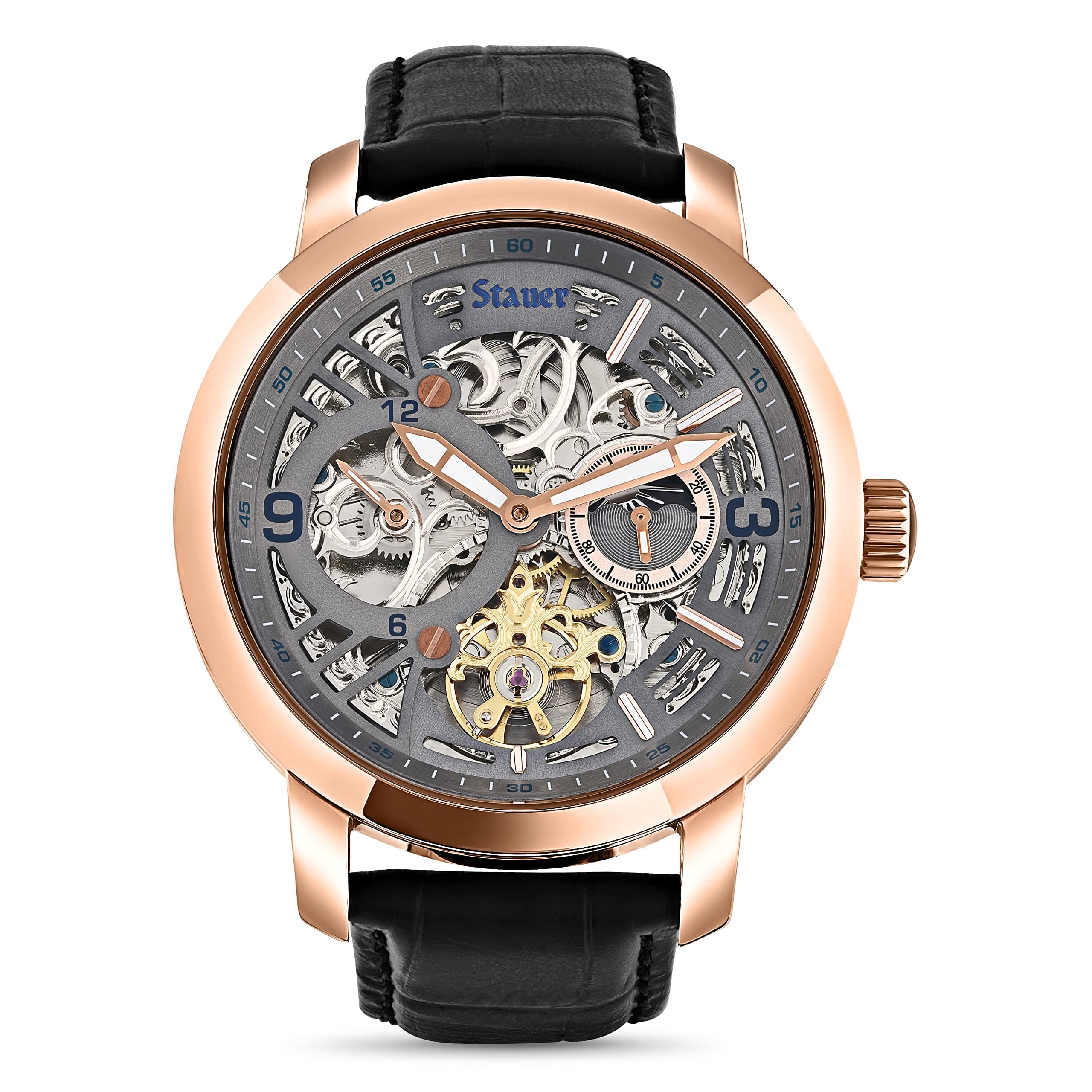 - X Ray Automatic Watch for Men – Transparent-Faced Skeleton & Rose Gold-Finished Watch Case – Black Crocodile-Embossed Leather Watch Band