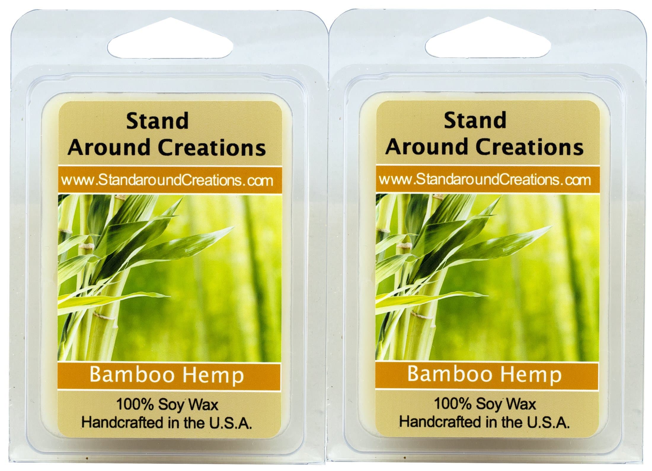 Set of 2 - 100% All Natural Soy Wax Melt Tarts - Scent: Bamboo Hemp An incredibly well-balanced blend of bamboo stalks, vetiver, and patchouli, with undertones of hemp seed and oak moss. 3 oz. each. Naturally Strong, Highly Scented.