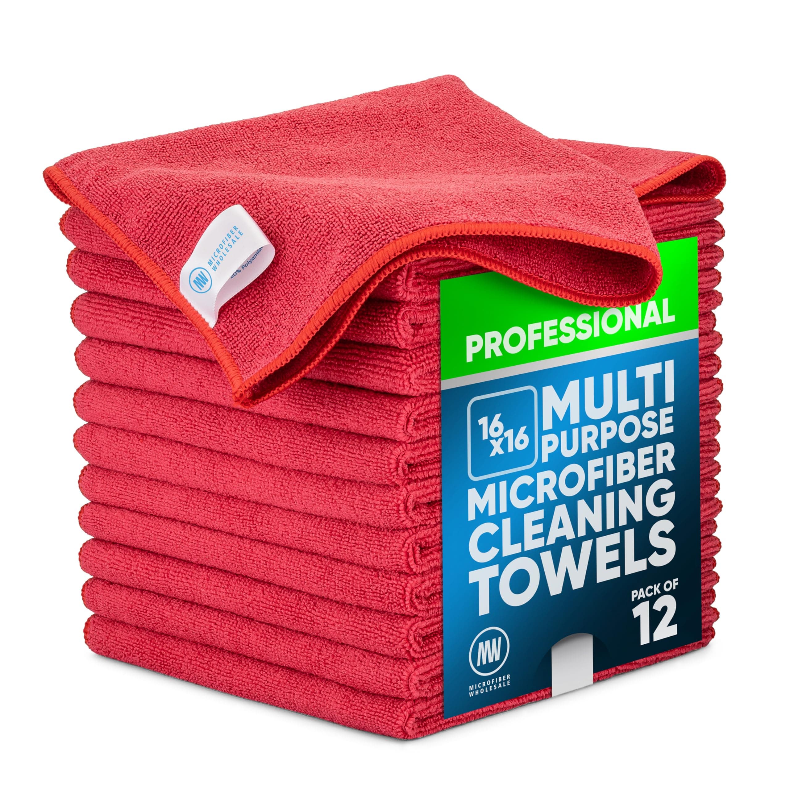 MW Pro Microfiber Cleaning Cloth | Red (12 Pack) | Size 16" x 16" | All Purpose Microfiber Towels - Clean, Dust, Polish, Scrub, Absorbent
