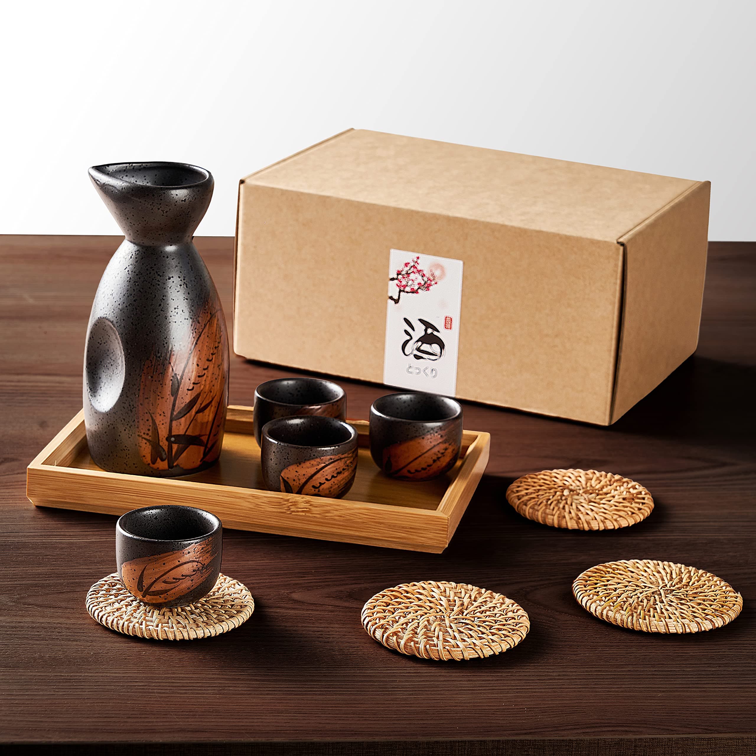 RECEESOON 10 Piece Traditional Japanese Sake Set with Tray, Korean Soju Glass, Black Sake Cups, Saki Cup Set, Japanese Gifts Set