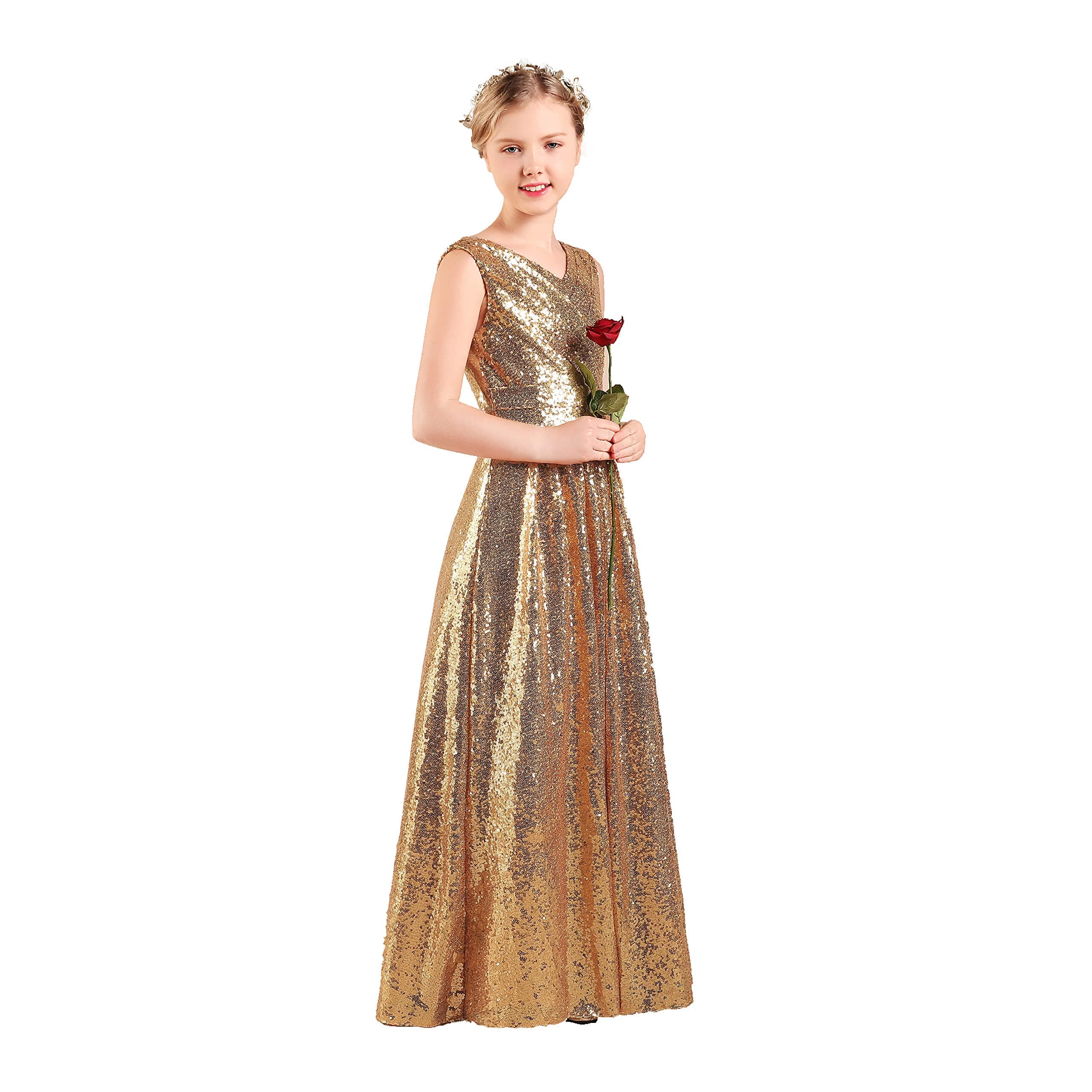 Long Junior Bridesmaid Dress Sequin Flower Girl Dress Gold Formal Wedding Party Pageant Maxi Dress Dance Ball Gown 10t