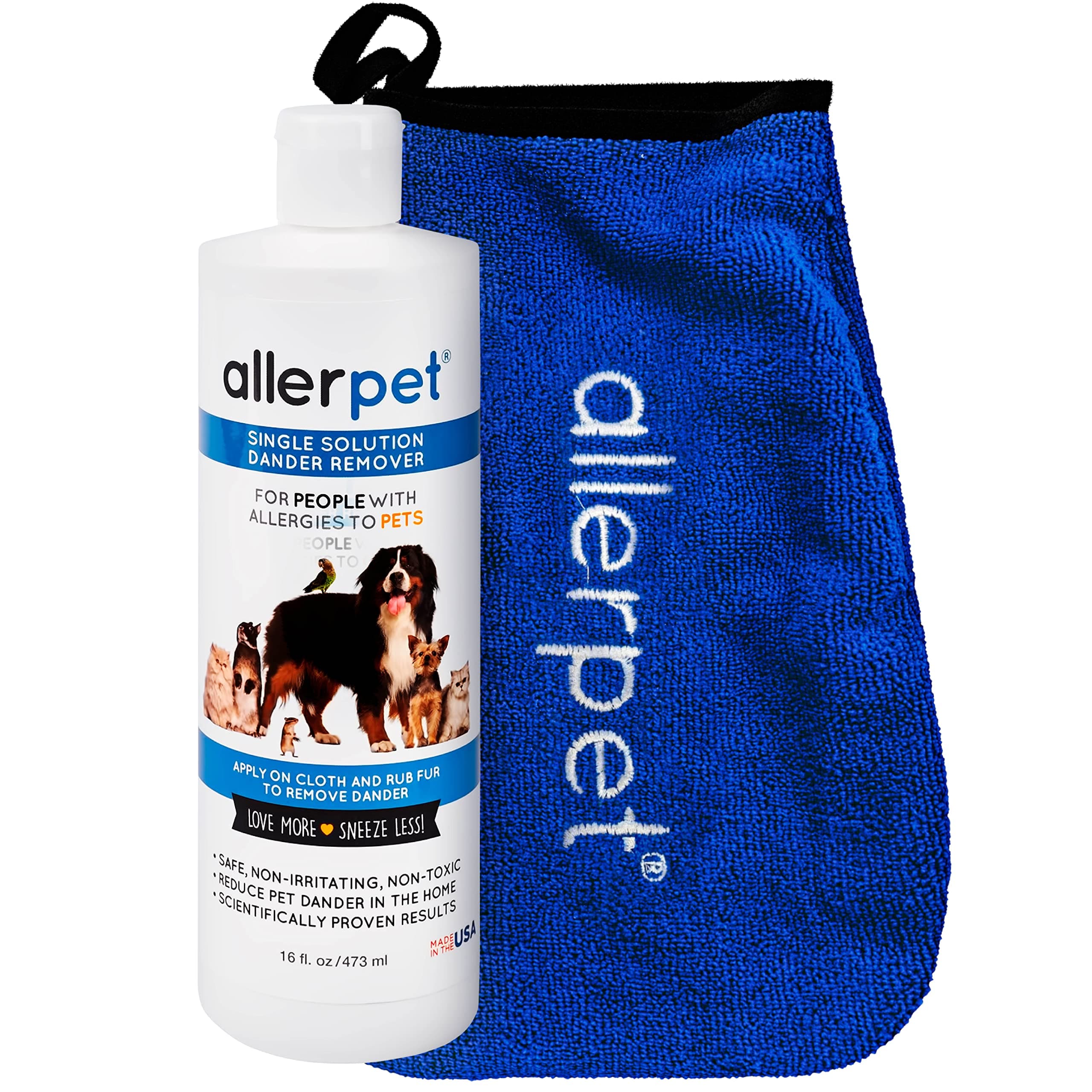 Allerpet Single Solution 16 Fl Oz Bottle Dander Remover for Pets - Relieves Allergies - Bonus Mitt to Easily Apply Solution to Your Pet