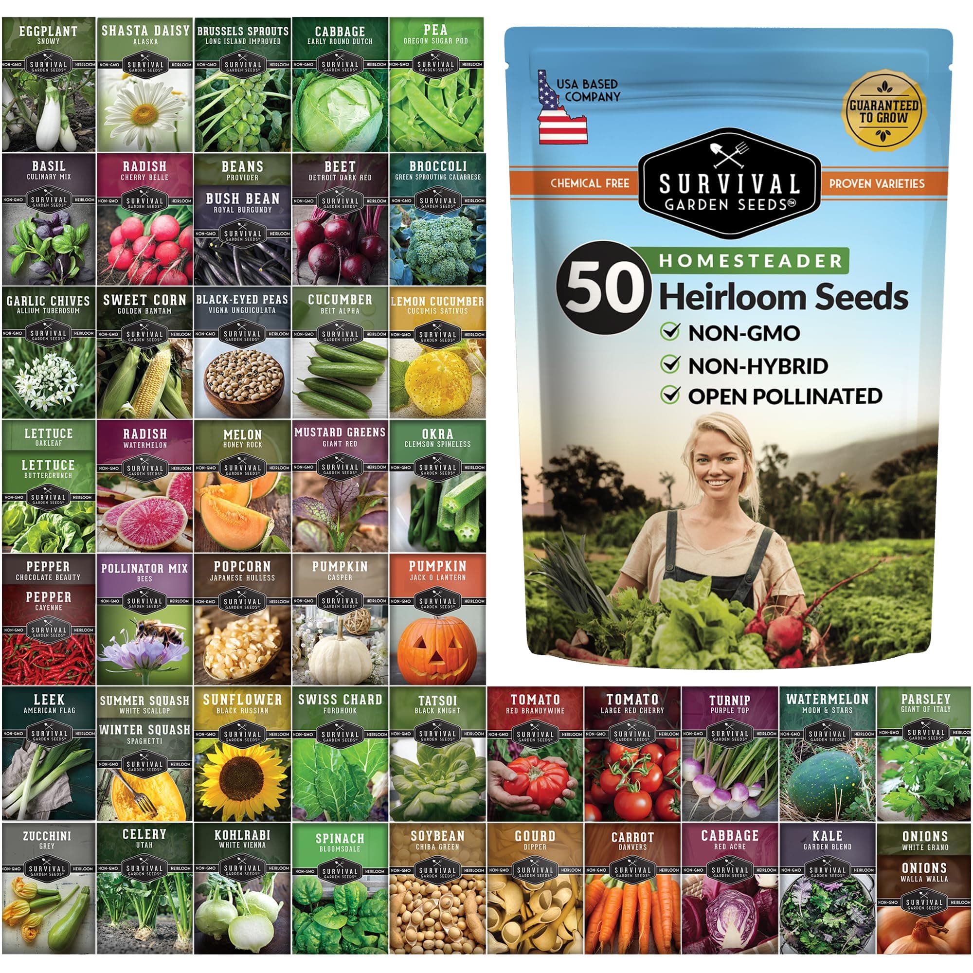 Survival Garden Seeds Homesteader Collection - 50 Packs Non-GMO Heirloom Vegetable, Fruit, Herb Seed Varieties for Growing a Victory Garden - Plant & Grow Survival Food - Emergency Preparedness Gear