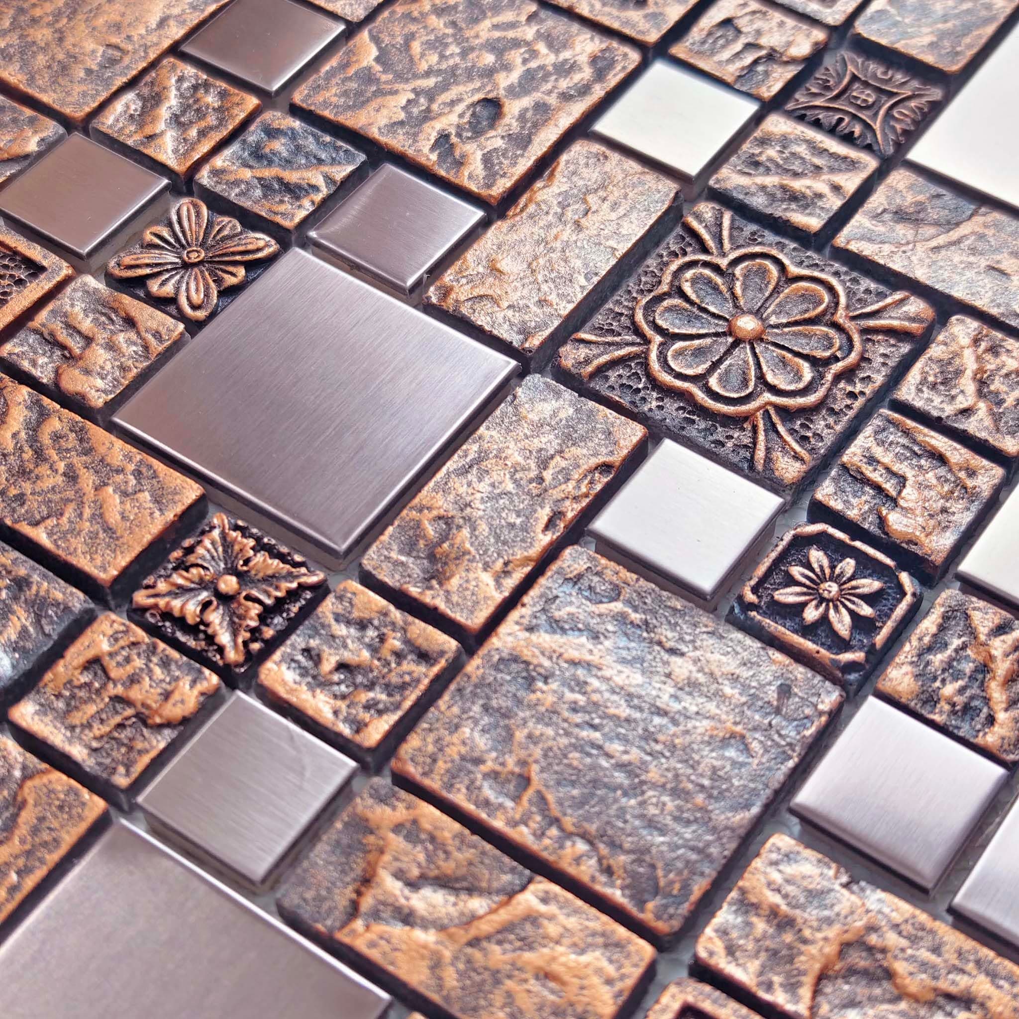 Bronze & Brushed Metal Mosaic Tile Copper Textured Resin Decorative Wall Backsplash for Kitchen Backsplash, Bathroom Wall, Fireplace Surrounds (5 Square Feet)