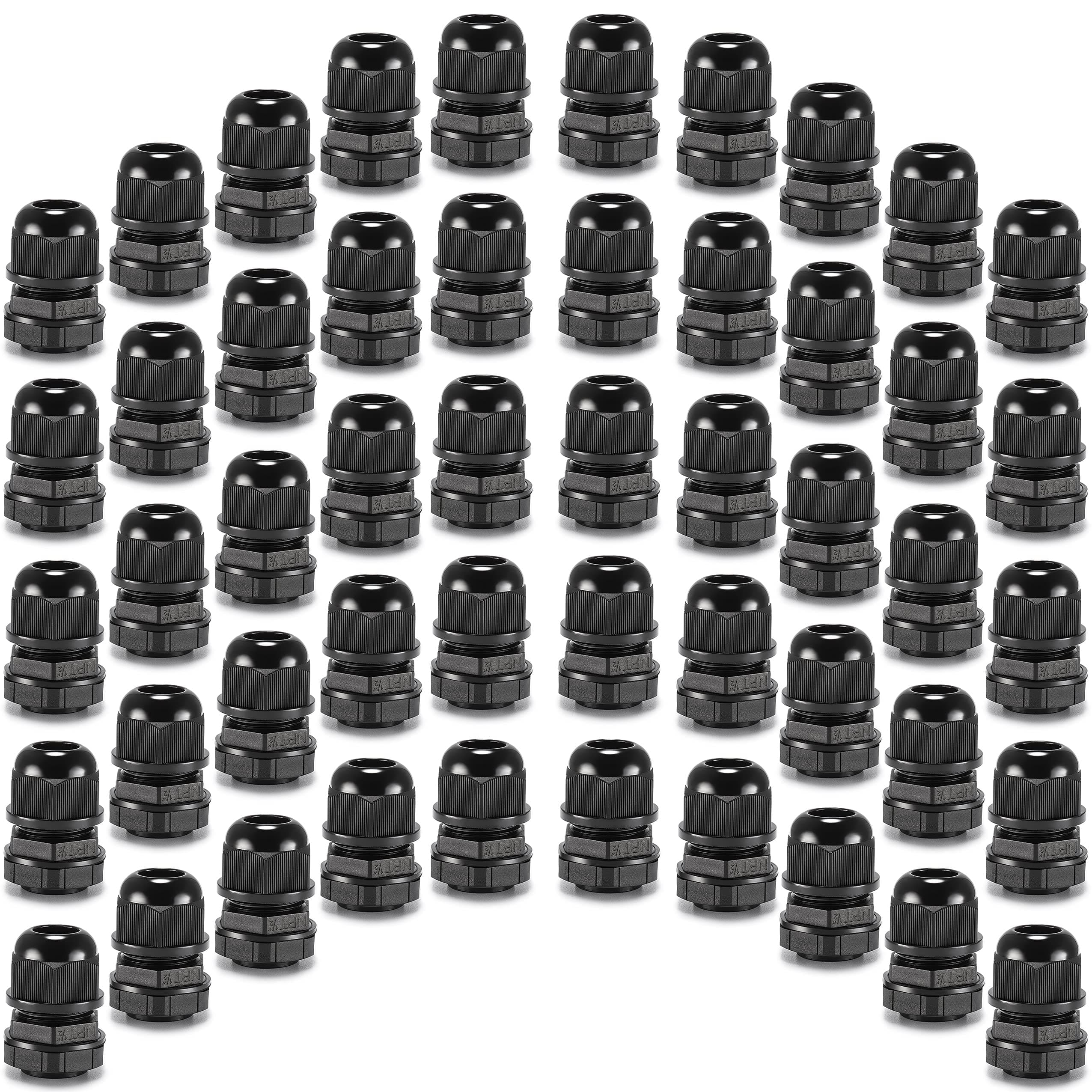 QILIPSU 50pcs 1/2" NPT Cable Gland Waterproof IP68 Nylon Cable Pass Through Cord Grip Connector Strain Relief Wire Grommet