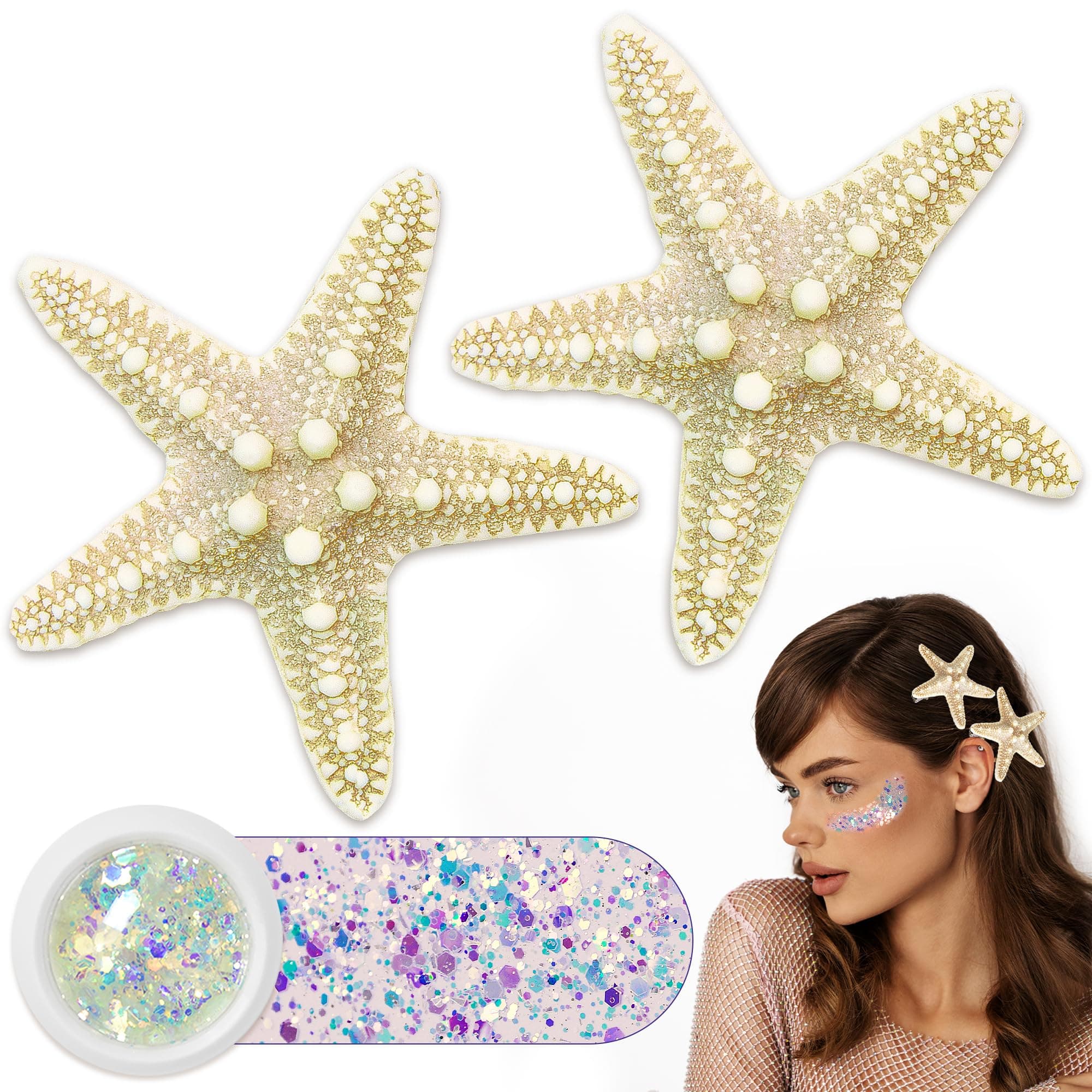 2 Pcs Starfish Hair Clip with Face Glitter Body Glitter, Mermaid Hair Clips Accessories for Women and Girls, 2 in 1 Accessory Sets for Mermaid Halloween Beach Costume