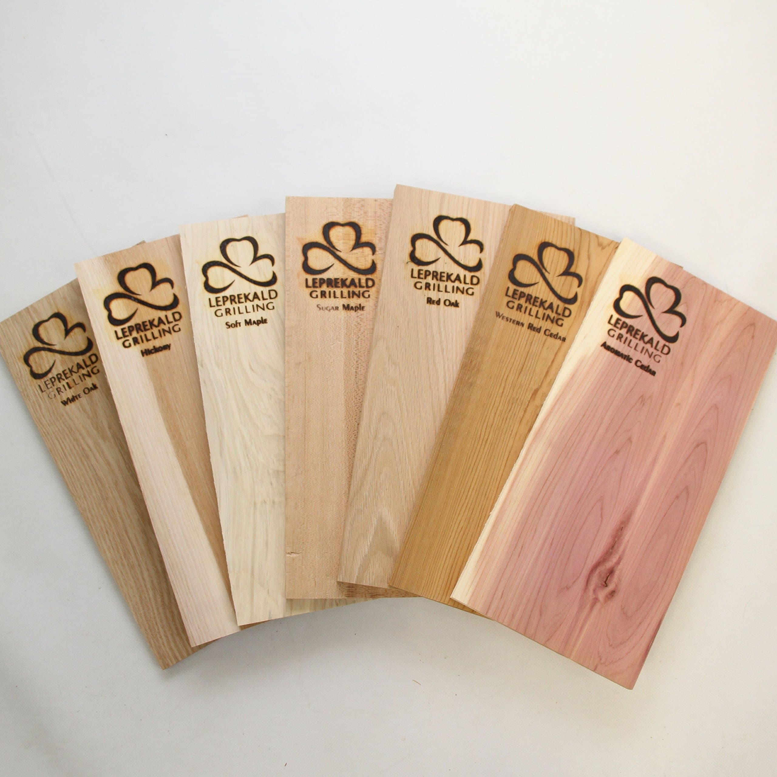 Grilling Plank Flight-Upper Midwest Timber Variety-RE-USE Multiple Times-Seven Different Flavors-White Oak, Red Oak, Sugar Maple, Soft Maple, Hickory, Aromatic Cedar, Western Red Cedar-7"x 15"x 1/2"