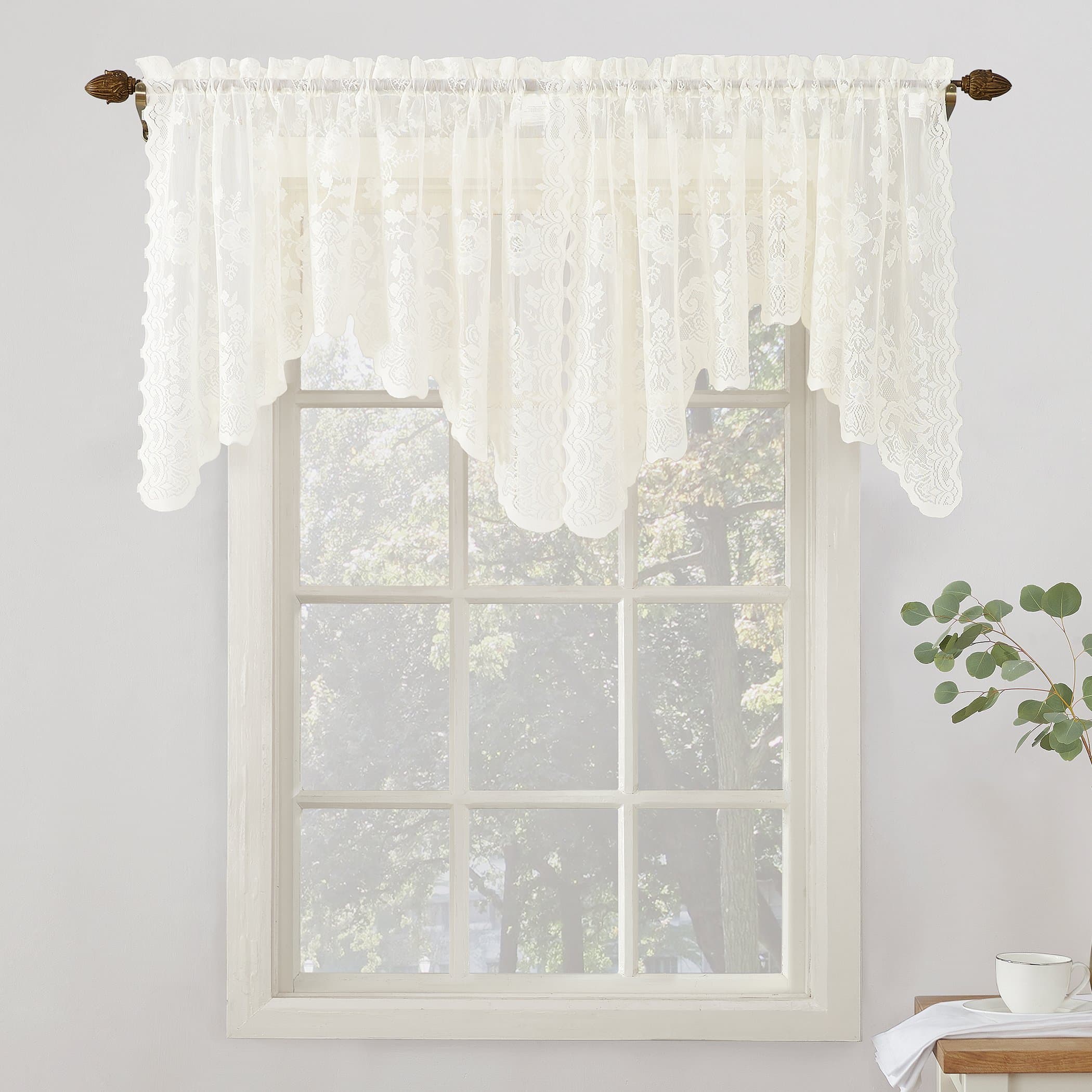 No. 918 24520 Alison Floral Lace Sheer Rod Pocket Curtain Valance, 58" X 32", Ivory