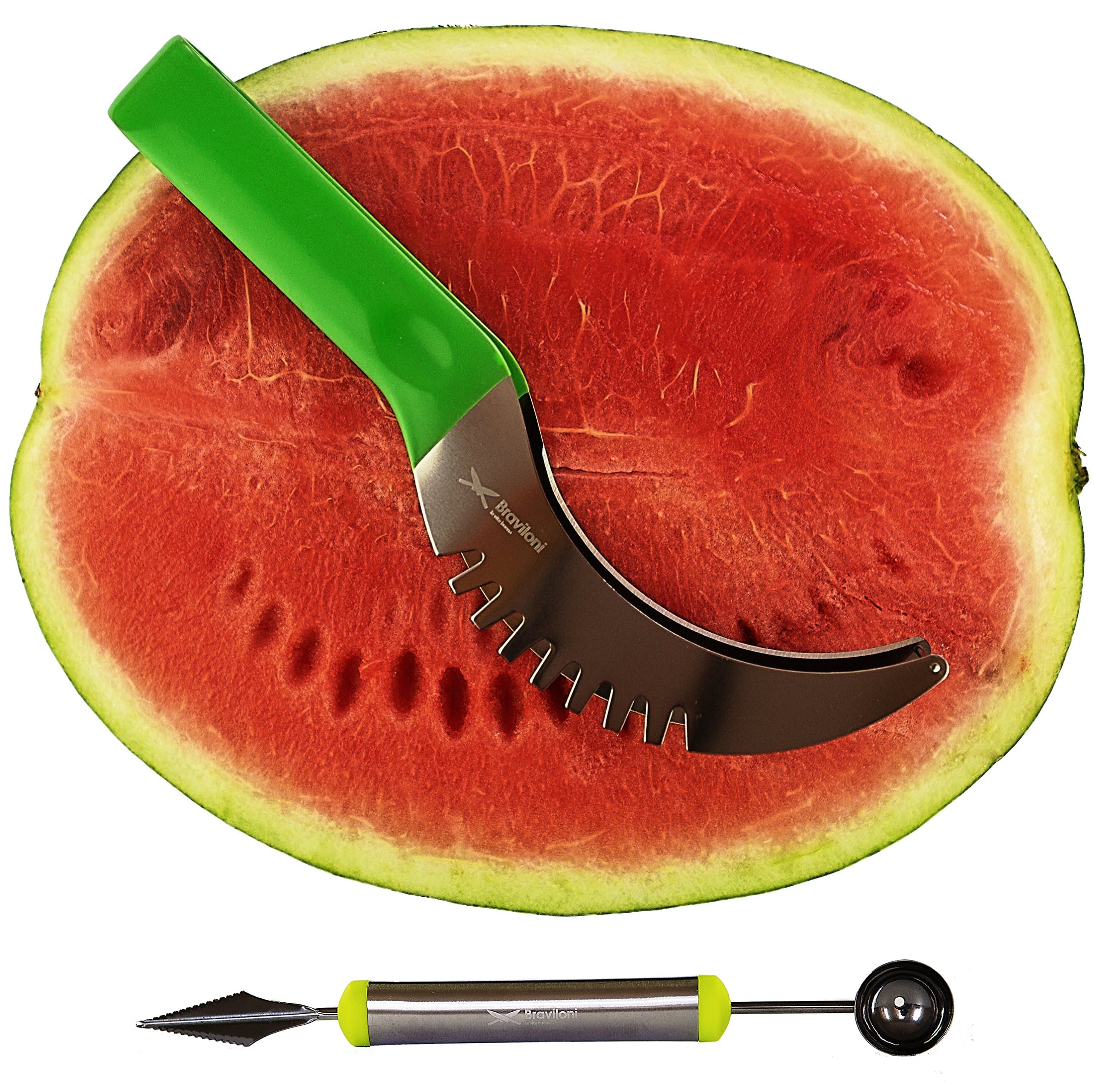 Watermelon Slicer & Melon Baller Set - Cutter, Knife, Corer, Tongs, Server, Scoop for Cantaloupe, Pineapple - Multi-use Stainless Steel Kitchen Gadget for Fruits by Braviloni