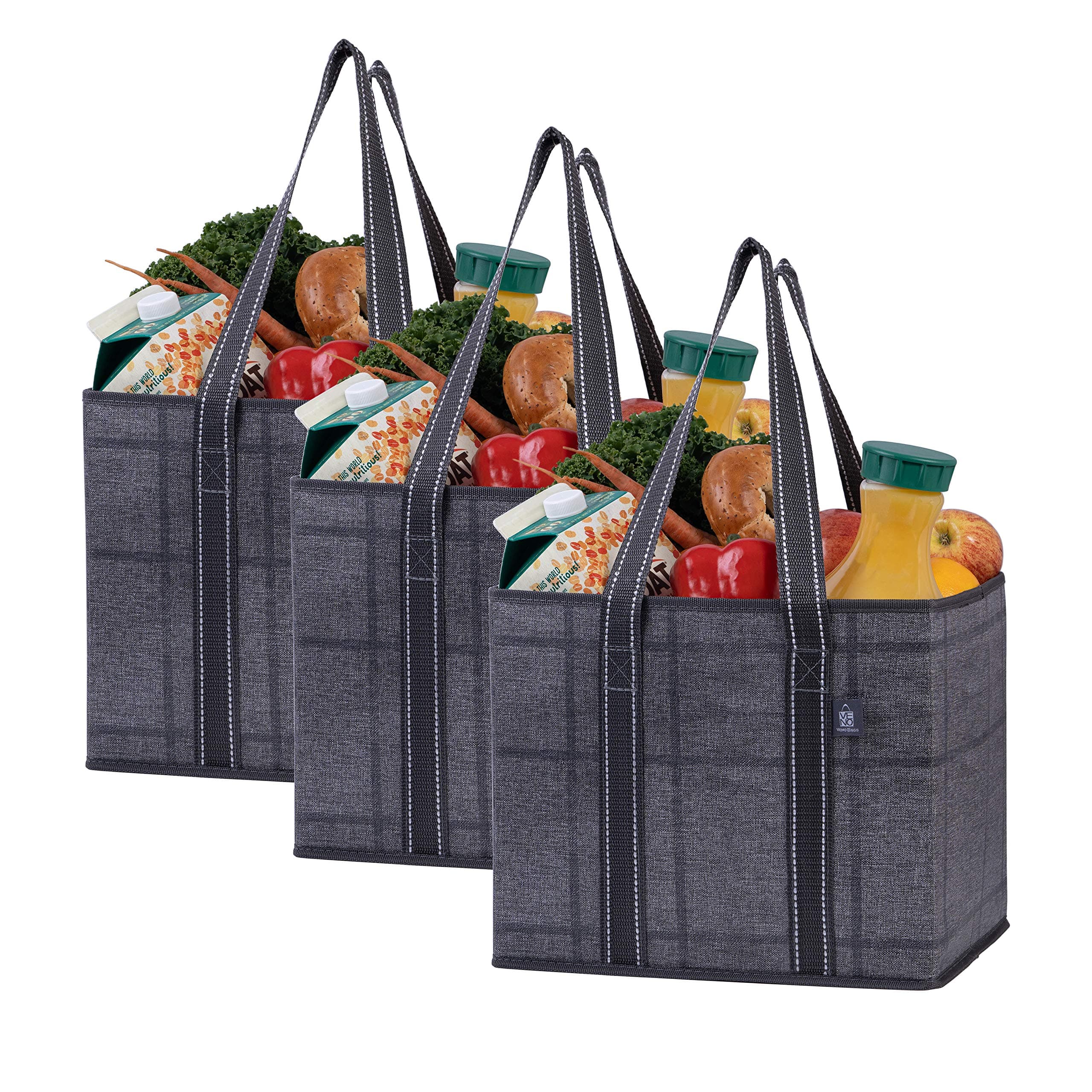 3 Pack Reusable Grocery Bag, Shopping Cart Bag, Trunk Organizer, Storage Box, Heavy Duty Tote, Hard Bottom, Stands Upright, Collapsible, Water-Resistant, Large Size (Black/Windowpane - Set of 3)