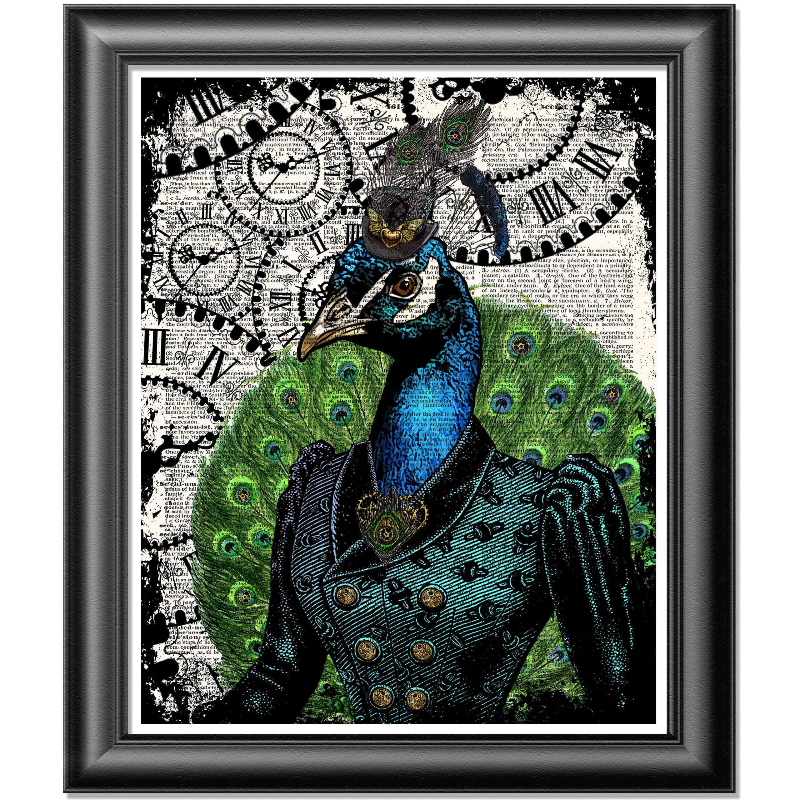Peacock art print, Poster Print on Antique Dictionary book page, wall decor, Home decor, unique gift, Steampunk Peacock, Wall decor