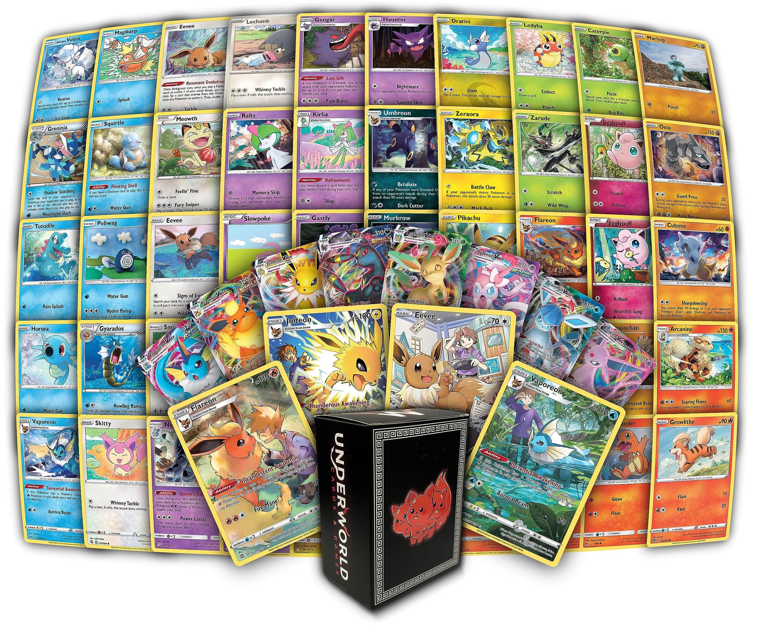 Eeveelutions Lovers PKMN Starter Pack | 4 Trainer Gallery Eeveelutions Guaranteed | 1 Eeveelution VMAX | 50 Cards Deckbox Included in Every Bundle!