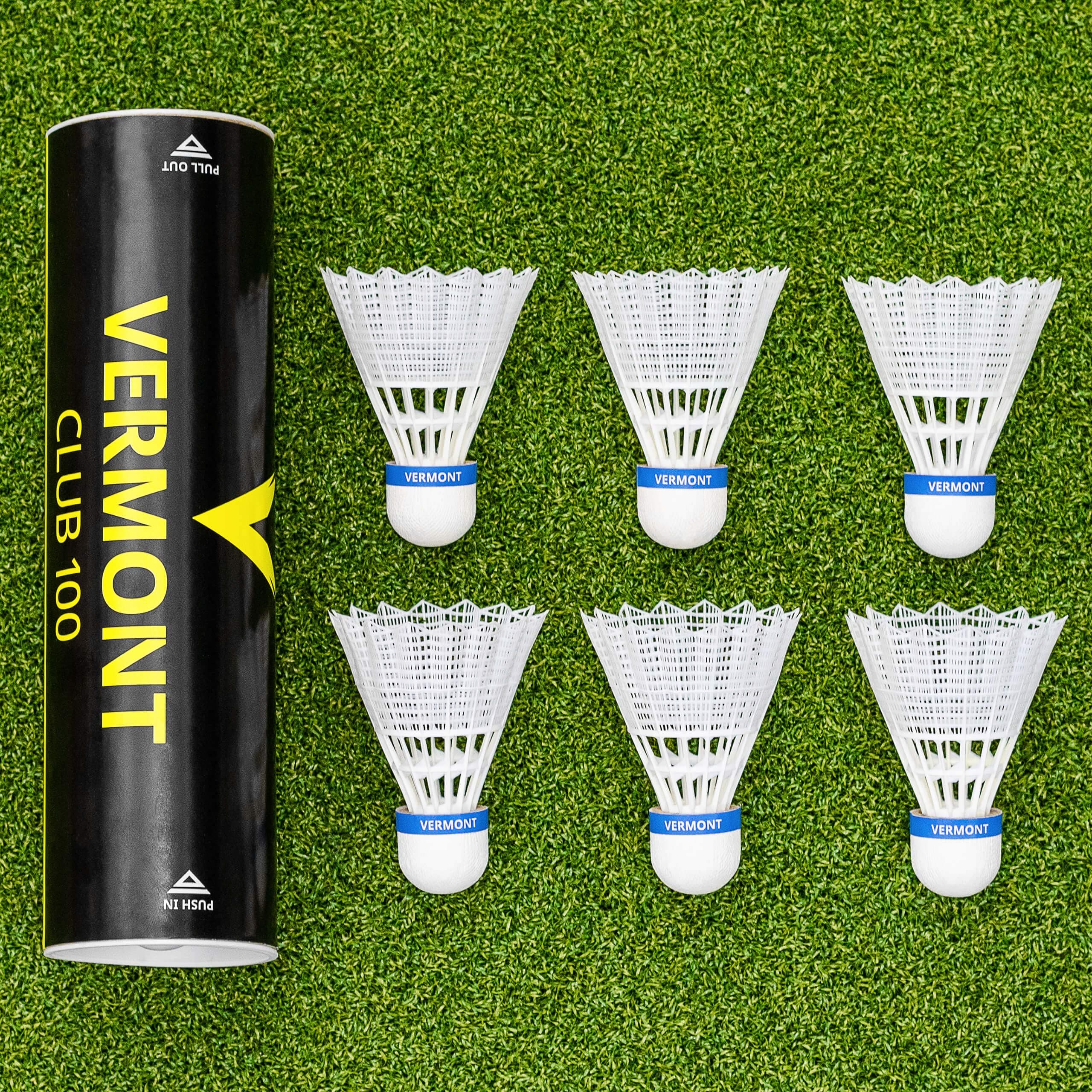 Vermont Club 100 Badminton Shuttlecocks Set | 77/78/79 Speed | Cork Tip & Synthetic Skirt Shuttlecock | Club & Fun Play | High Visibility Yellow or White | 6 Pack