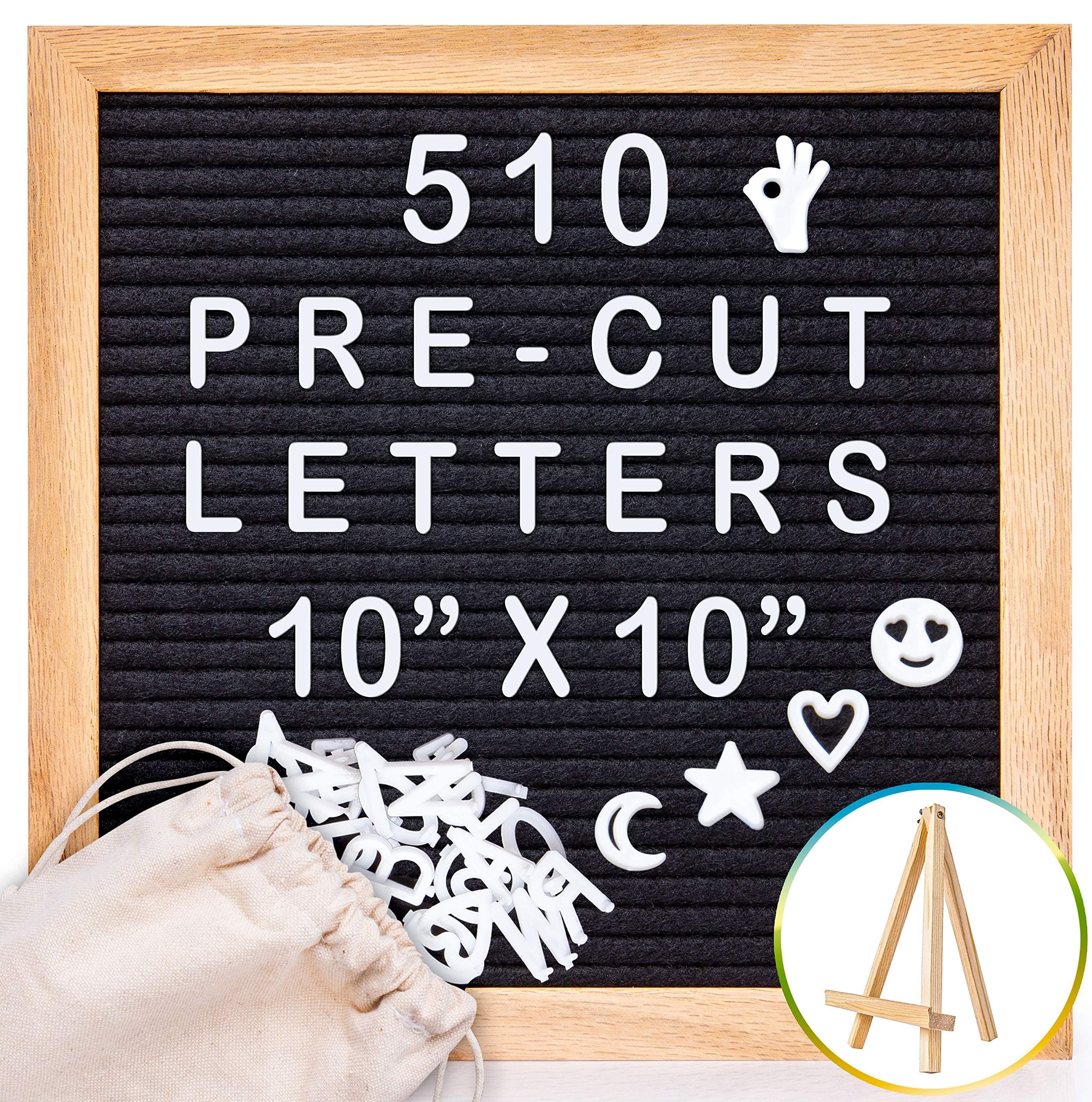 Letter Board With Letters Pre-Cut - Oak Wooden Frame and Stand - 510 Changeable Letters, Numbers & Emojis Separated in Canvas Bag - Share your Message with Family and Friends - 10x10 Inch - Black Felt