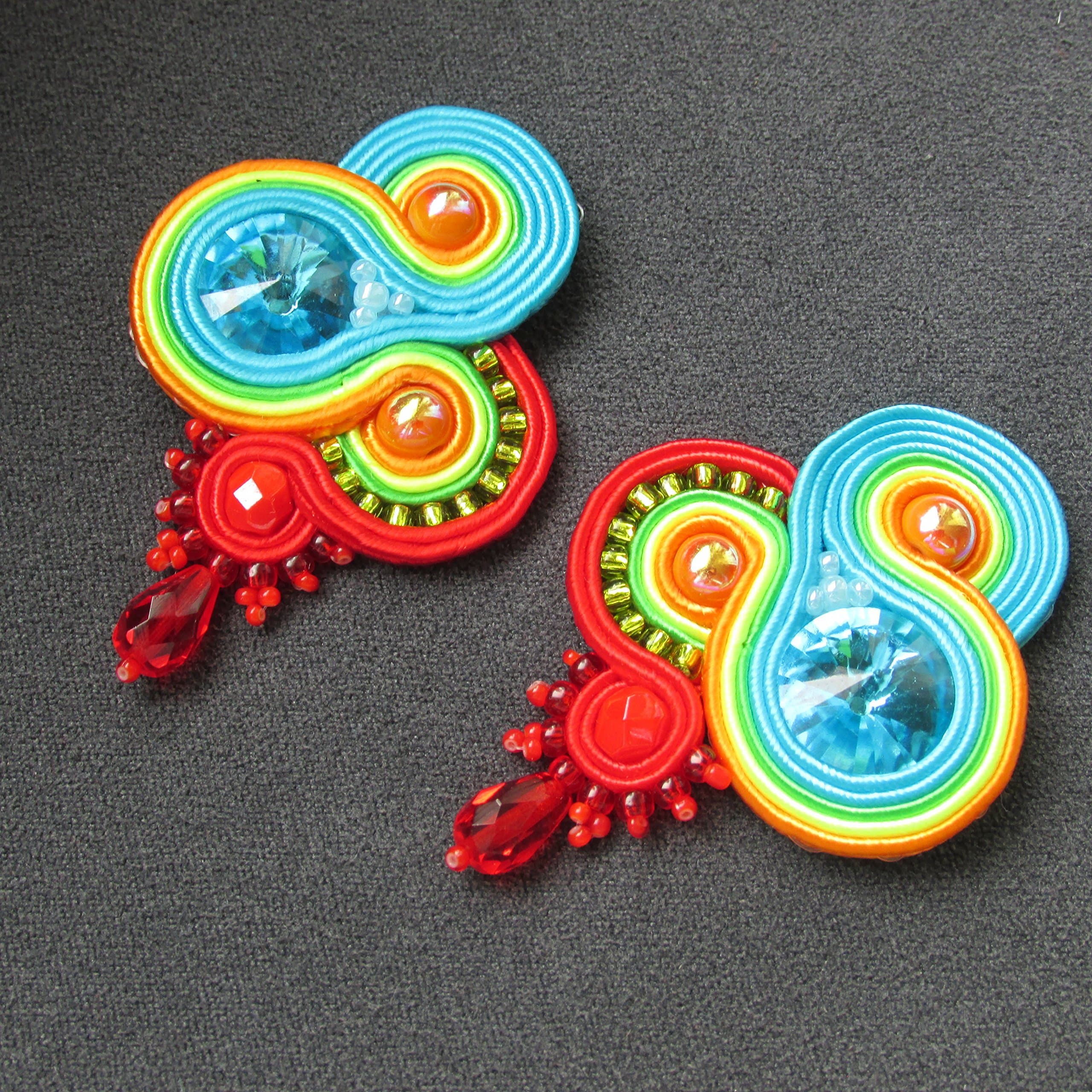 Colorful handmade soutache stud clip-on earrings with rivioli crystals