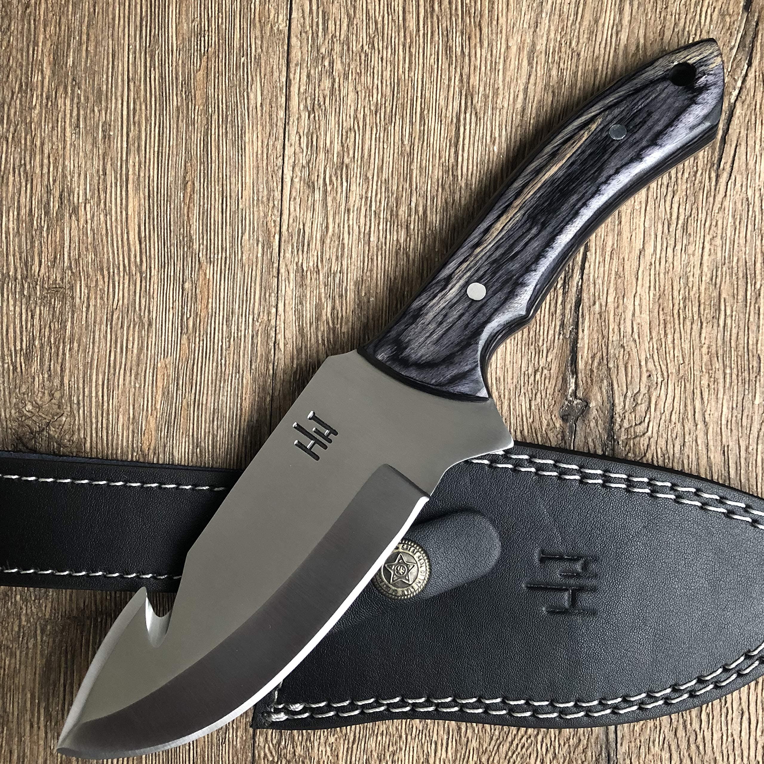 HH-GH1 ,Handmade Bushcraft 420C Stainless Steel Hunting Knife with Gut Hook, Leather Sheath, Pakka Wood Handle Designed for Hunting Camping and Survival