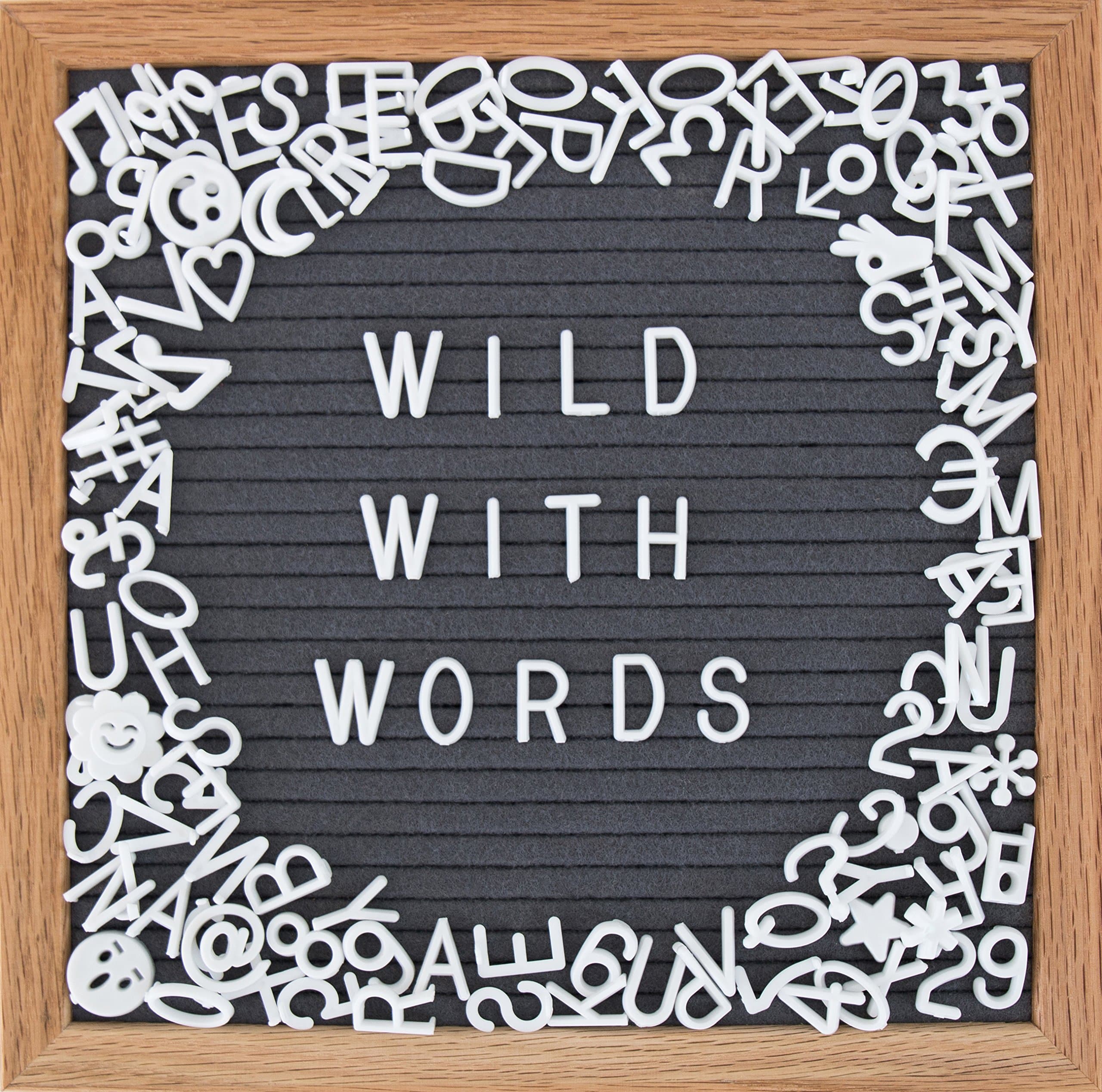 Wild With Words Letter Board Set 10x10 Small Wooden and Grey Felt Changeable Letter Board - 362 Plastic Letterboard Letters, Stand, Wall Hanging Hook - A Cute Custom Decorative Letter Board Sign