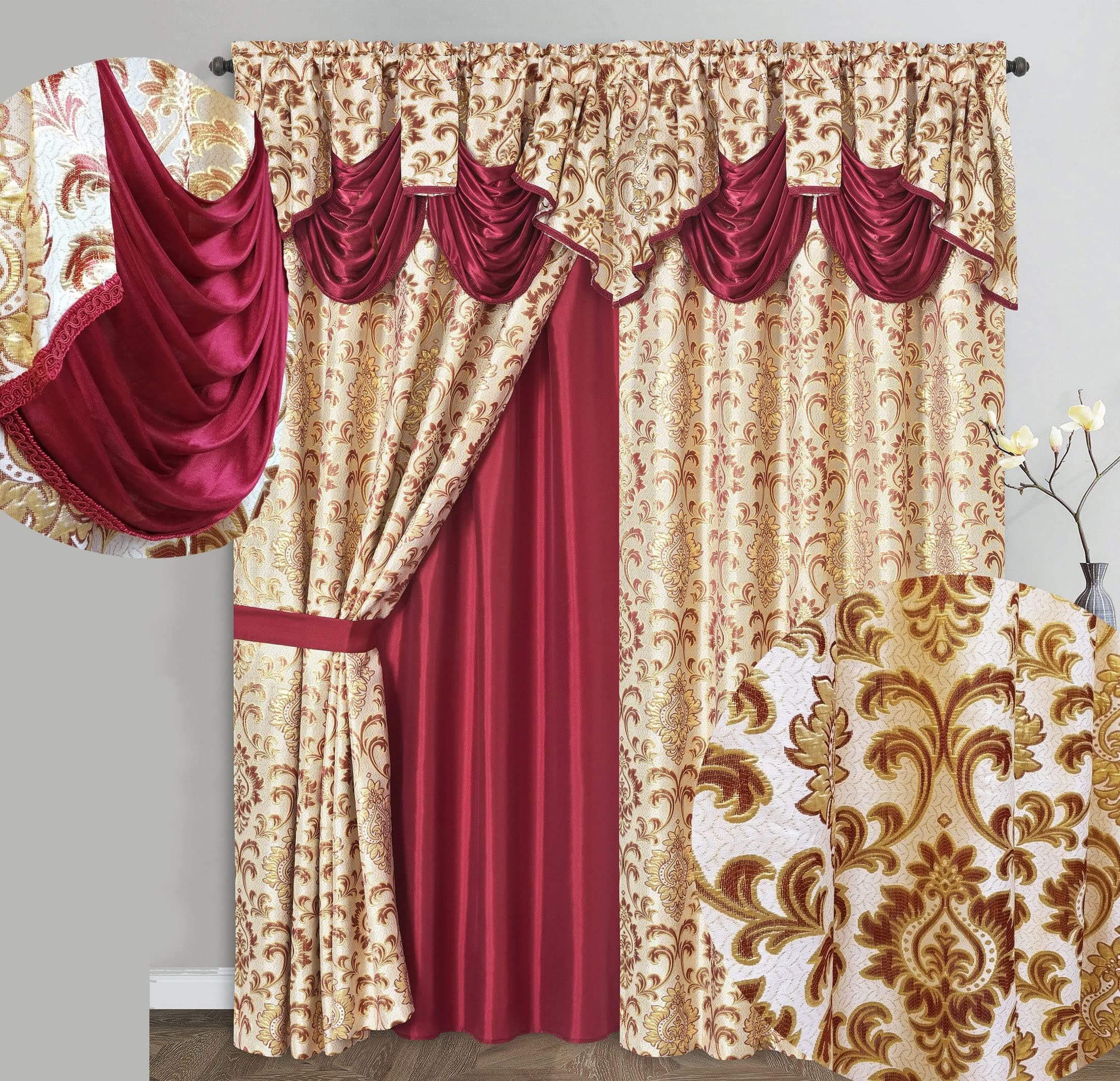 GOHD Samba Star. Jacquard Window Curtain Panel Drape with Attached Fancy Valance and Taffeta Backing. 2pcs Set. Each pc 54" Wide x 90" Drop with 18" Valance. (Burgundy)