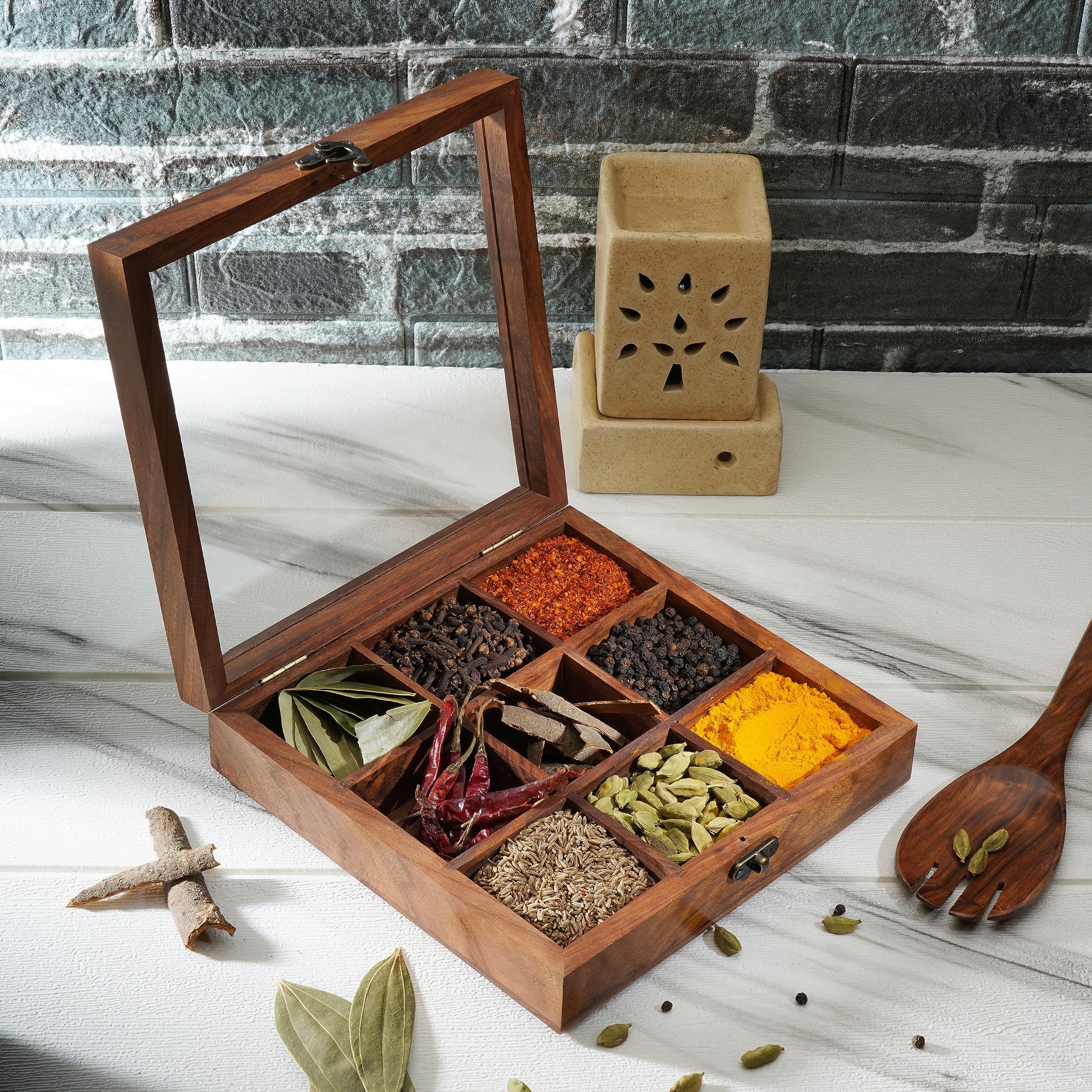 Ajuny Wooden Spice Box 8x8 Inch - Decorative Masala Dabba Organizer with Glass Lid, 9 Fixed Compartments & Spoon, Spice Storage Container, Ideal for Seasonings & Herbs, Perfect for Gift